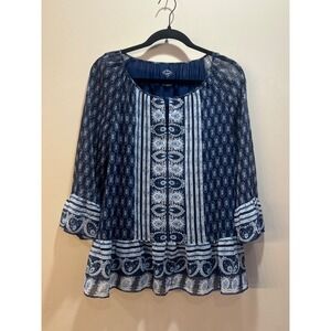 St Johns Bay Women Blue White Paisley Print Peasant Tunic Top Size L